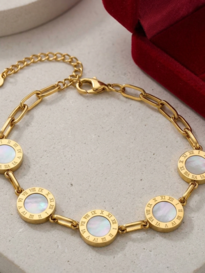 Premium Gold-Plated Roman Numeral Mother-of-Pearl Medallion Bracelet