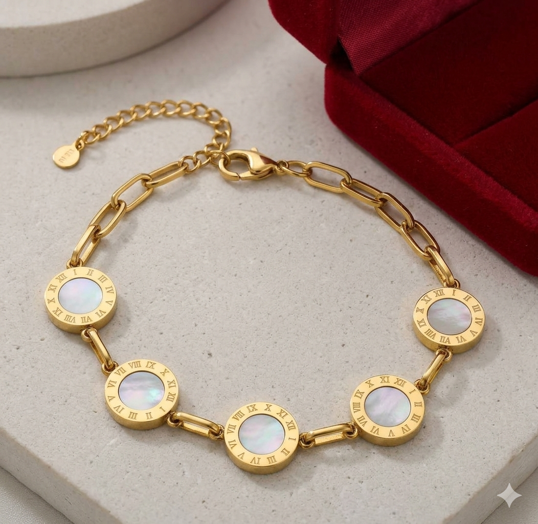 Premium Gold-Plated Roman Numeral Mother-of-Pearl Medallion Bracelet