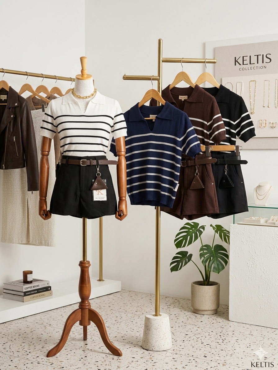 Striped Polo Shirt & High-Waist Shorts Co-ord Set