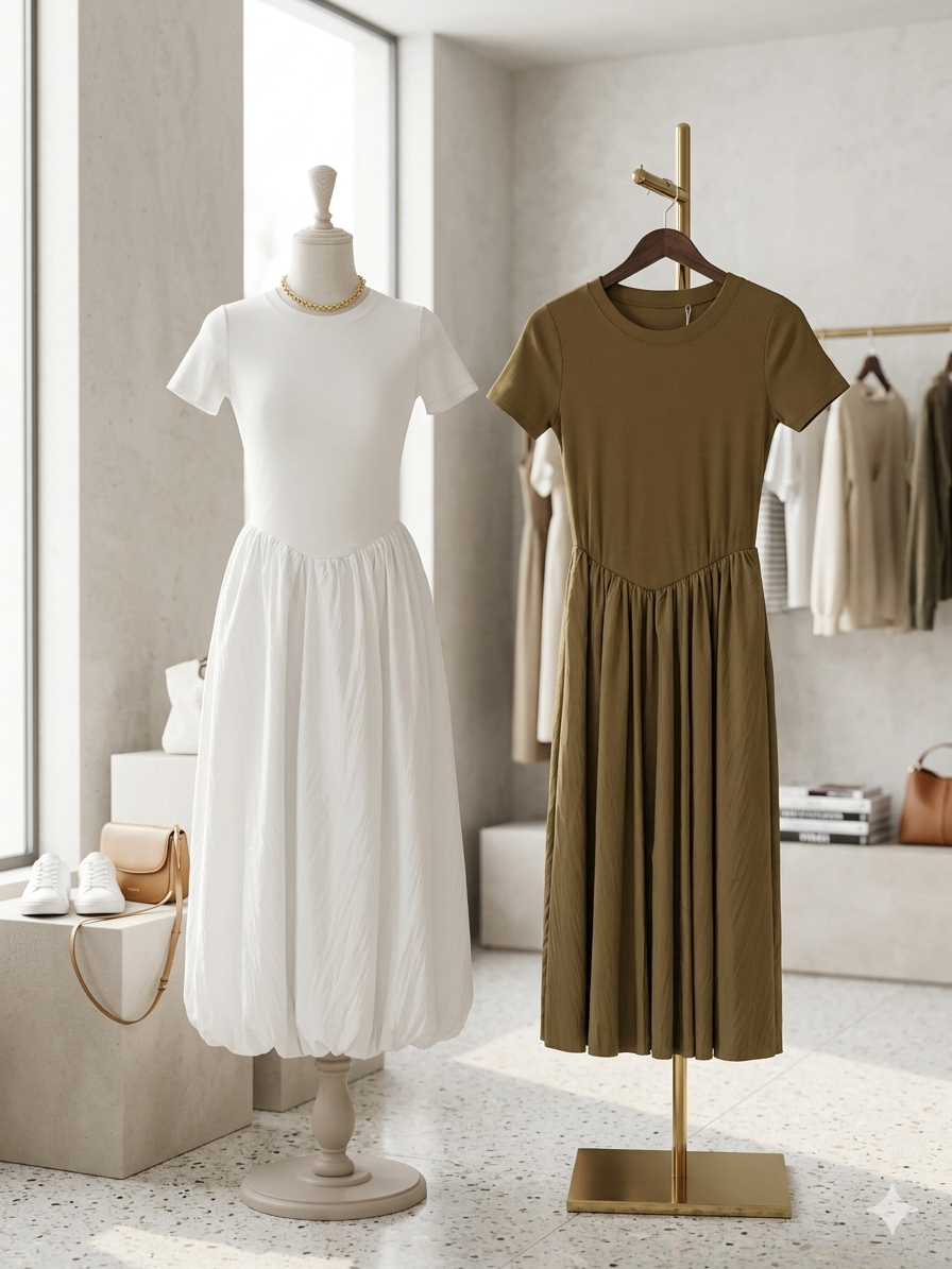 Duo of Effortless Chic: The T-Shirt Bodice Bubble Dress Set