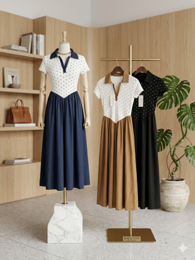 Combined Dotted Polo Dress with Pointed Waist
