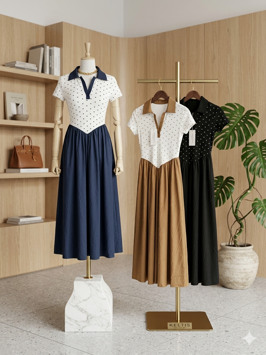 Combined Dotted Polo Dress with Pointed Waist