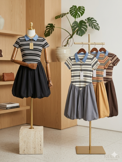 Combined Striped Polo Balloon Dress