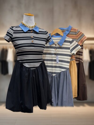 Striped Collared Polo Top & Flared Skirt Co-ord Set