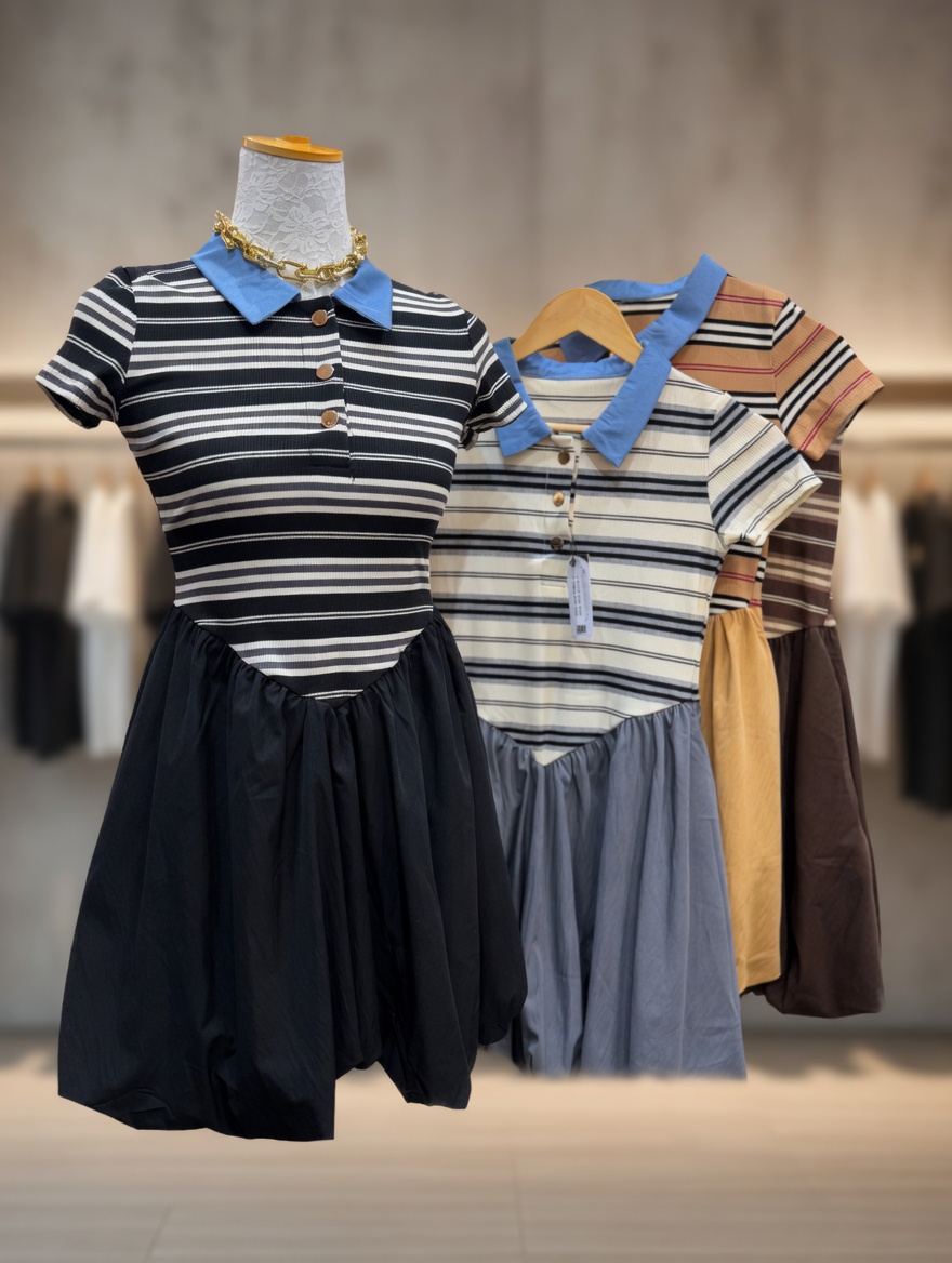 Striped Collared Polo Top & Flared Skirt Co-ord Set
