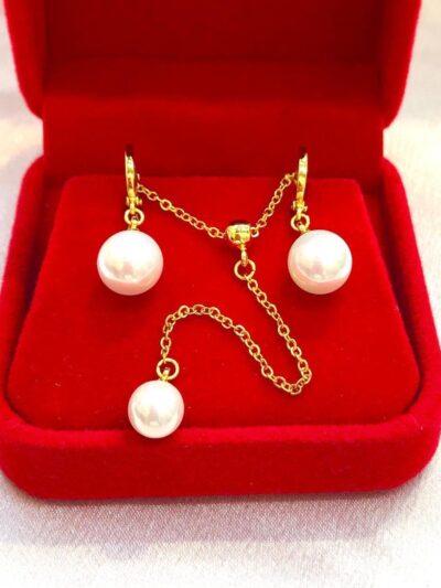 remium Gold-Plated Pearl Drop Earrings & Adjustable Slide Necklace Set