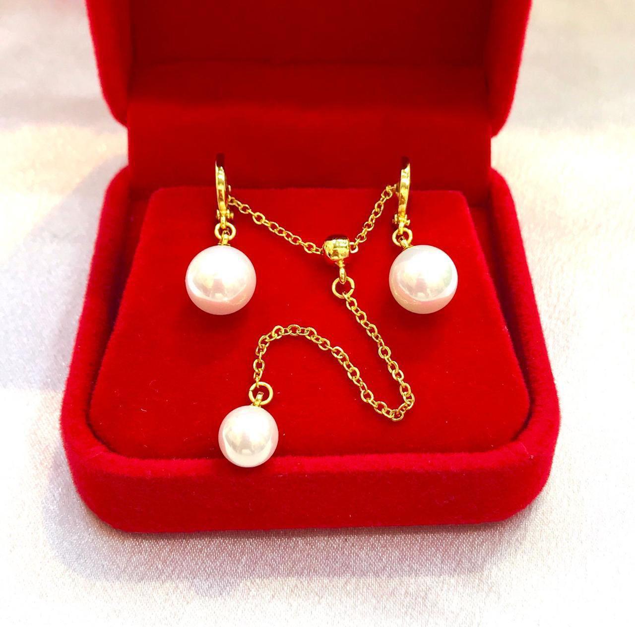 remium Gold-Plated Pearl Drop Earrings & Adjustable Slide Necklace Set
