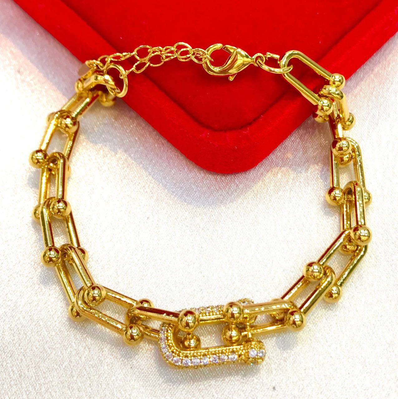 Premium Gold-Plated Crystal Accented Hardware Link Bracelet