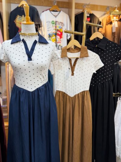 Two-Tone Collared Polo Top & Flared Skirt Set (Heart Print)